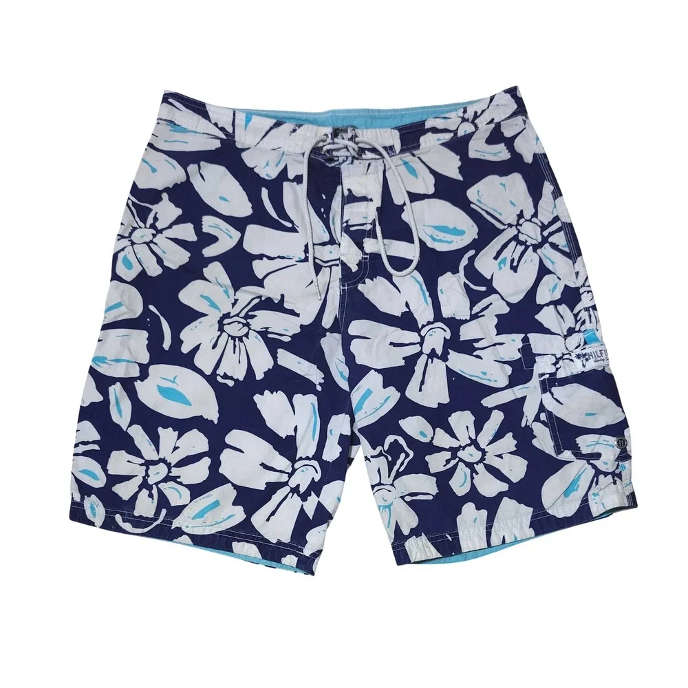 Tommy Hilfiger Floral Board Shorts Mens Large Swim Trunks Navy White Y2K Surf